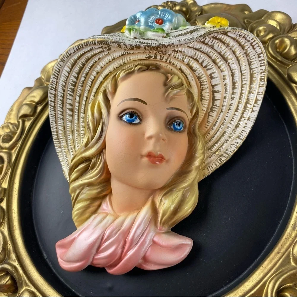 Pair of 60s Chalk Ware Oval Plaques 3D Ladies by Michigan Composition Lamp Co.
